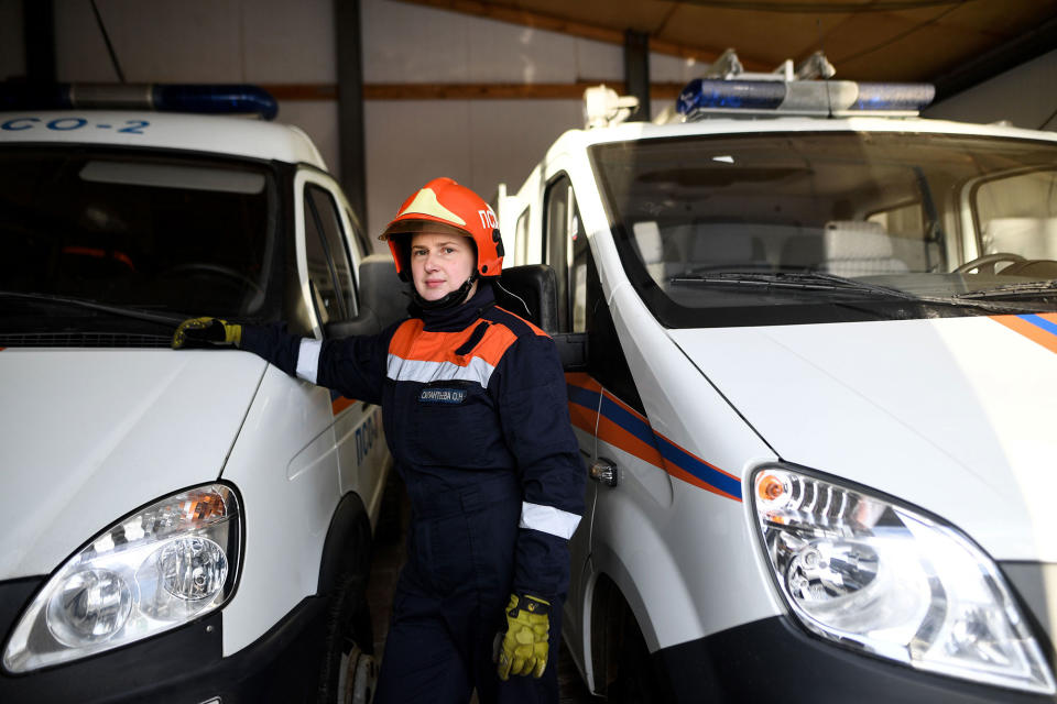 <p>Olga Silantyeva, 28, rescuer and driver in a rescue team, posing for a picture in the city of Fryazino, outside Moscow, on March 6, 2018. (Photo: Kirill Kudryavtsev/AFP/Getty Images) </p>