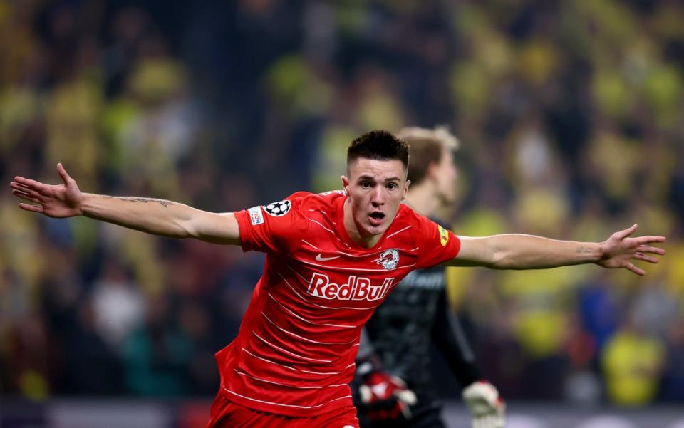 Sesko scoring for Red Bull Salzburg in the Champions League in 2022 (Getty Images)