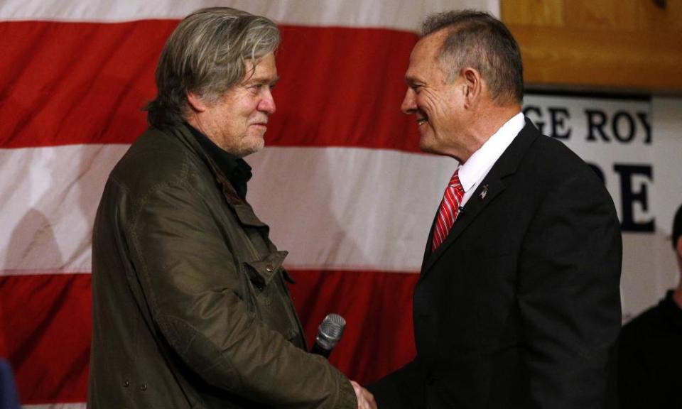Bannon with Moore at a rally last week. Breitbart, Bannon’s website, has wholeheartedly backed Moore for the Senate.