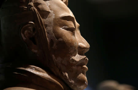 A Terracotta Warrior which guarded the tomb of China’s First Emperor, Qin Shi Huang, on loan from China is displayed in The World Museum, Liverpool, Britain February 6, 2017.REUTERS/Andrew Yates