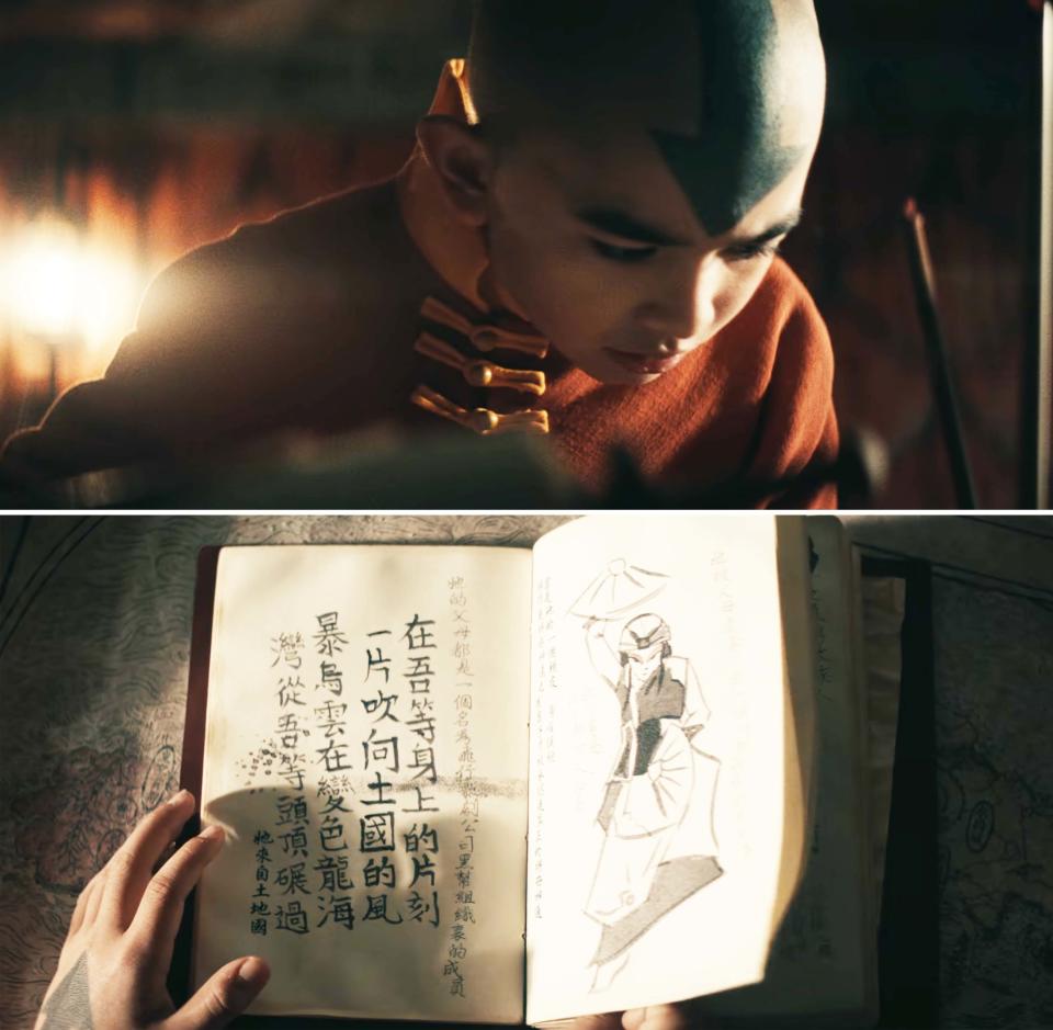 Character Aang from 'Avatar: The Last Airbender' studies an ancient book with illustrations and text