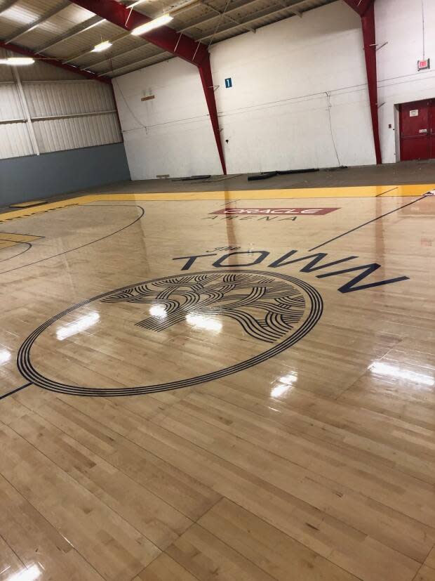 The Toronto Raptors title-clinching court is shown above reassembled at the Ian Stewart Complex in Victoria. (Submitted by Nick Blasko - image credit)