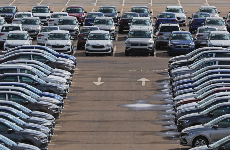 New cars are seen parked at the plant of Volkswagen Group Rus in Kaluga