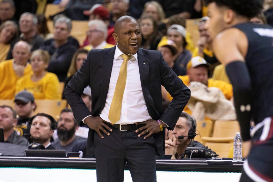Missouri head coach Dennis Gates shouts instructions to his team during the second half of an NCAA college basketball game against South Carolina Tuesday, Feb. 7, 2023, in Columbia, Mo. Missouri won 83-74.