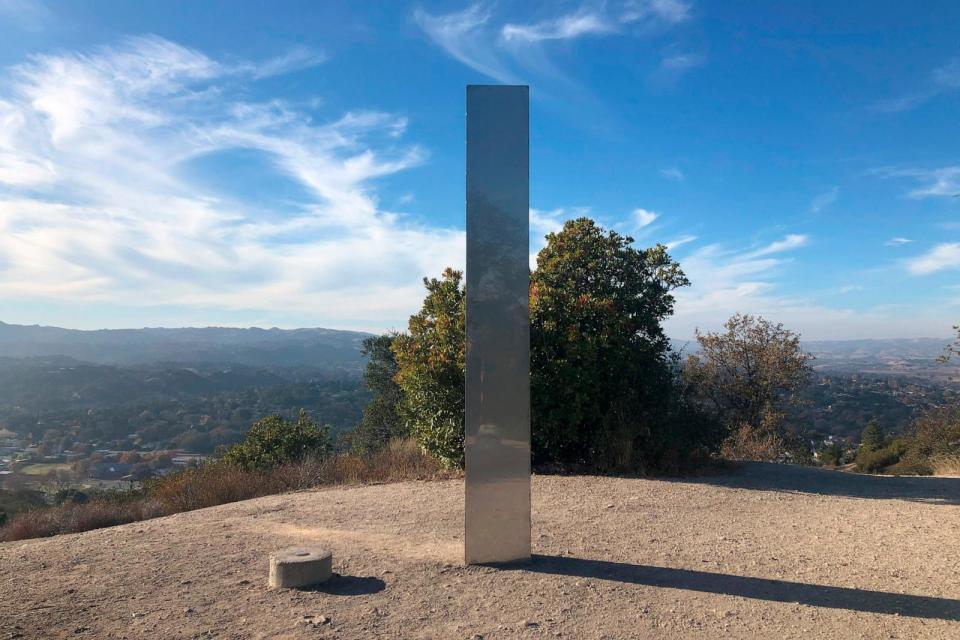 PHOTO: In this Dec. 2, 2020, file photo, a monolith stands on a Stadium Park hillside in Atascadero, Calif. (Kaytlyn Leslie/The Tribune (of San Luis Obispo) via AP, FILE)