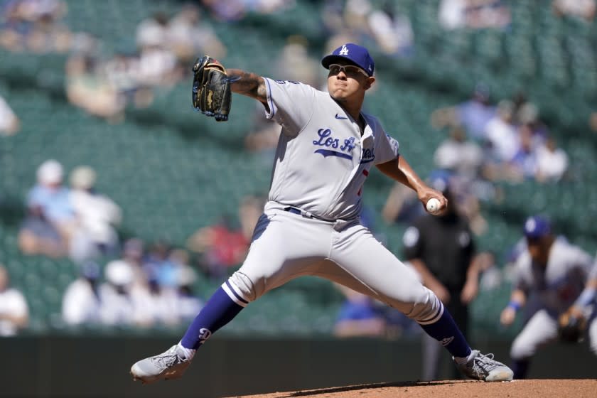 Los Angeles Dodgers starting pitcher Julio Urias throws against the Seattle Mariners.