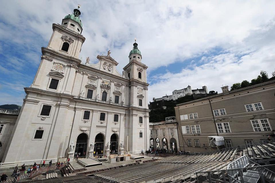 The open-air tribune at Domplatz in front of the Salzburg Cathedral in Salzburg, Austria. Dedicated to St Rupert and St Vergilius, the cathedral dates back to the 17th century.