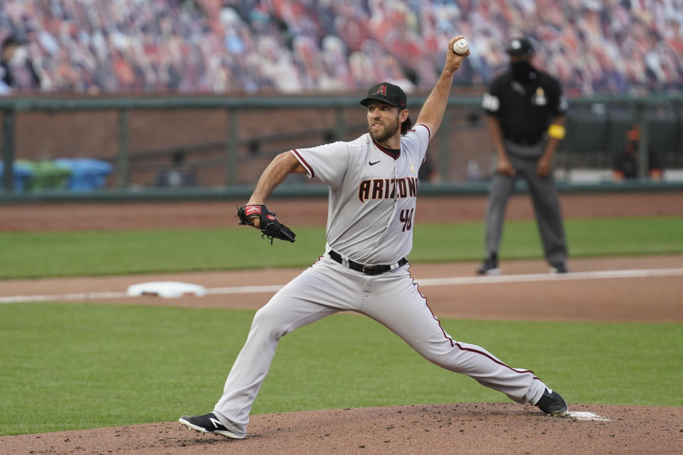 Arizona Diamondbacks starting pitcher Madison Bumgarner works in the first inning of the team's baseball game against the San Francisco Giants on Saturday, Sept. 5, 2020, in San Francisco. (AP Photo/Eric Risberg)