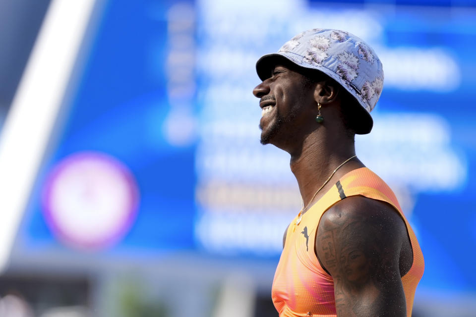 Marquis Dendy competes in the men's Long jump final at the U.S. Olympic Track and Field Trials, Monday, June 24, 2024, in Eugene, Ore. (AP Photo/Charlie Neibergall)