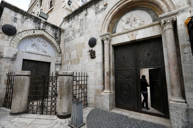 A general view shows a bronze sculpture by Italian artist Alessandro Mutto at one of the Stations of the Cross along the Via Dolorosa, amid the coronavirus disease (COVID-19) outbreak in Jerusalem's Old City