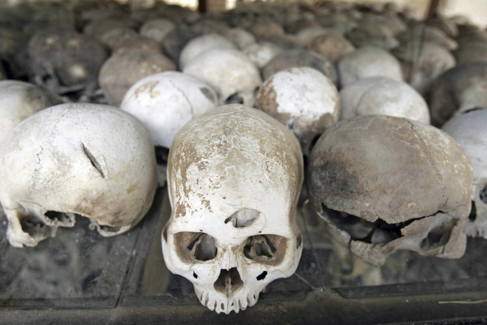 FILE - Skulls of victims in the Khmer Rouge genocide are gathered at a Buddhist temple on the outskirts of Phnom Penh, Cambodia, in this March 17, 2005. In 2009 the first trial of a Khmer Rouge leader for crimes against humanity is expected to begin. It has been more than 30 years since the Khmer Rouge rose to power in Cambodia killing more than one million of its countrymen in an attempt to remake the southeast Asian nation under Pol Pot. (AP Photo/David Longstreath, File)