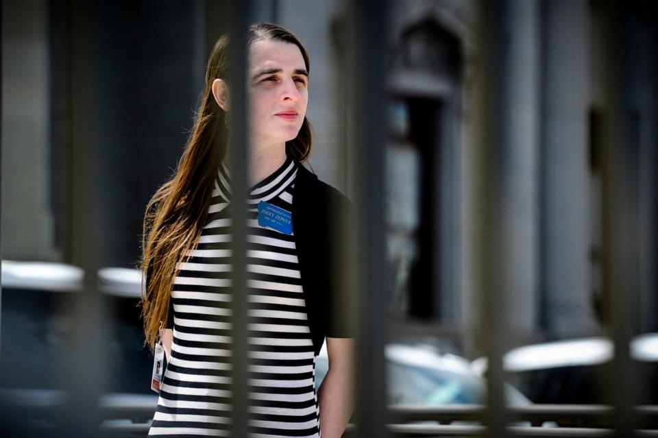 Rep. Zooey Zephyr, D-Missoula, stands on the steps of the Montana State Capitol during a rally in Helena, Mont., on April 24, 2023.