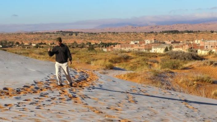 Picture dated January 8th shows a covering of snow and ice in the Sahara Desert near Ain Sefra in northwestern Algeria.