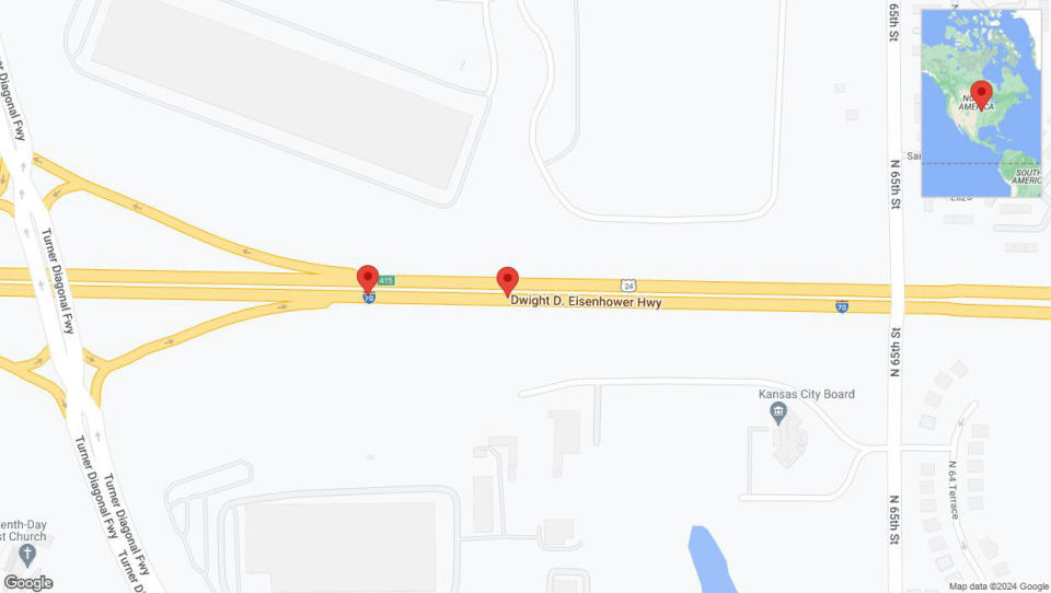 A detailed map that shows the affected road due to 'Warning: Crash on eastbound I-70 in Kansas City' on May 14th at 10:22 p.m.