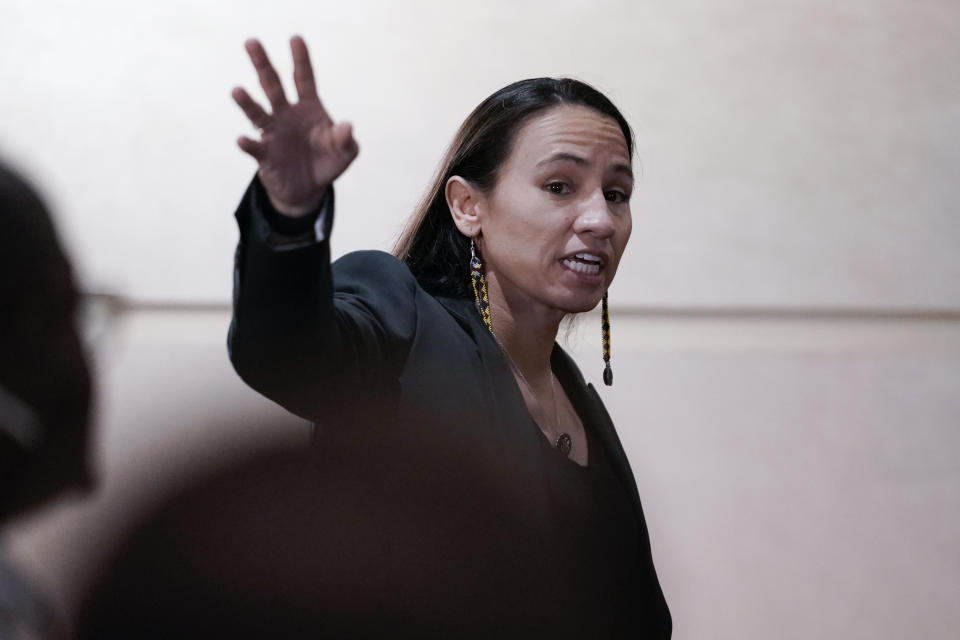 Rep. Sharice Davids, D-Kan., talks to supporters during a watch party Tuesday, Nov. 8, 2022, in Overland Park, Kan. Davids is trying to retain her seat in Kansas' 3rd Congressional District. (AP Photo/Ed Zurga)