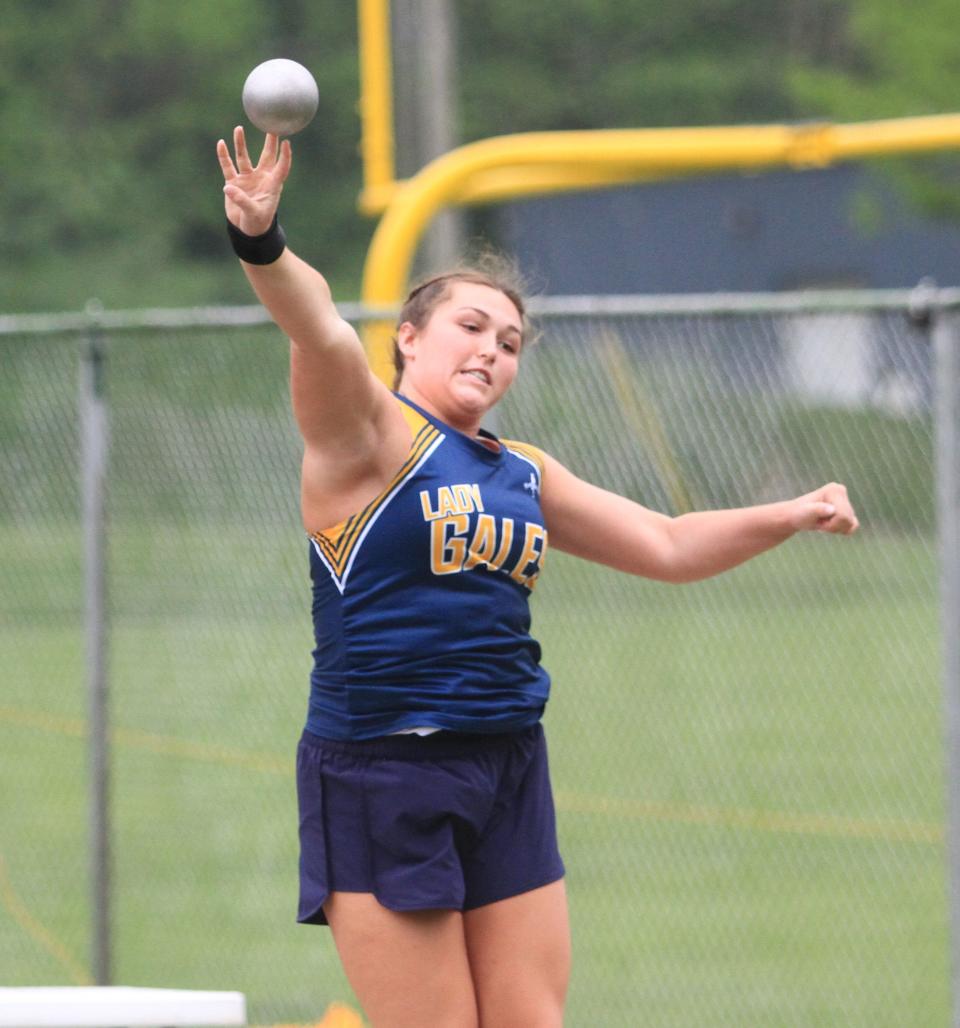 Lancaster's Peyton Wilson competes in the shot put during the Ohio Capital Conference-Buckeye Division championships on Saturday, May 13, 2023. Wilson won the event with a throw of 40 feet for the host Golden Gales, who shared the team title with Pickerington Central.