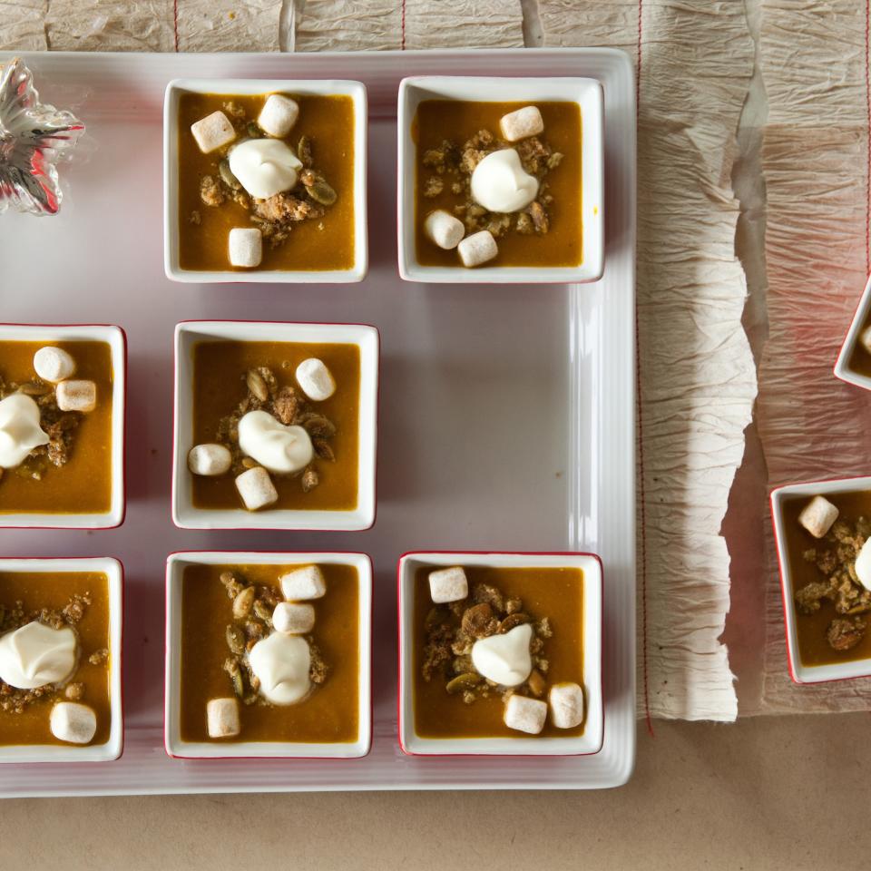 Savory Pumpkin Pie Soup with Cinnamon Marshmallows, Pepita Streusel, and Whipped Crème Fraîche