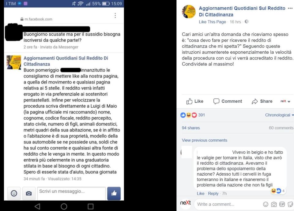 Una pagina satirica che irride il Reddito di Cittadinanza (foto: Facebook/NextQuotidiano)