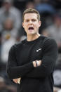 Utah Jazz head coach Will Hardy shouts to his team during the first half of an NBA basketball game against the Indiana Pacers, Friday, Dec. 2, 2022, in Salt Lake City. (AP Photo/Rick Bowmer)