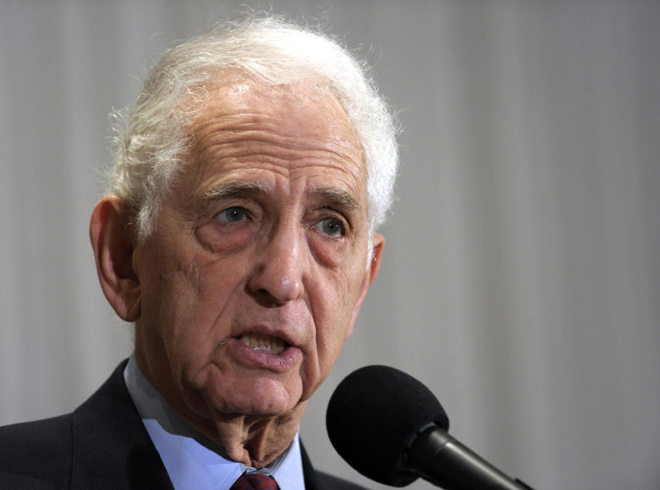 FILE - In this Dec. 16, 2010 file photo, Vietnam-era whistleblower Daniel Ellsberg speaks during a news conference at the National Press Club in Washington. Ellsberg, one of the most famous whistleblowers in living memory, came to the defense of WikiLeaks founder Julian Assange in his legal fight to avoid extradition to the United States from Britain, on Wednesday, Sept. 16, 2020. He told London's Central Criminal Court that the pair had “very comparable political opinions.” (AP Photo/Susan Walsh, File)