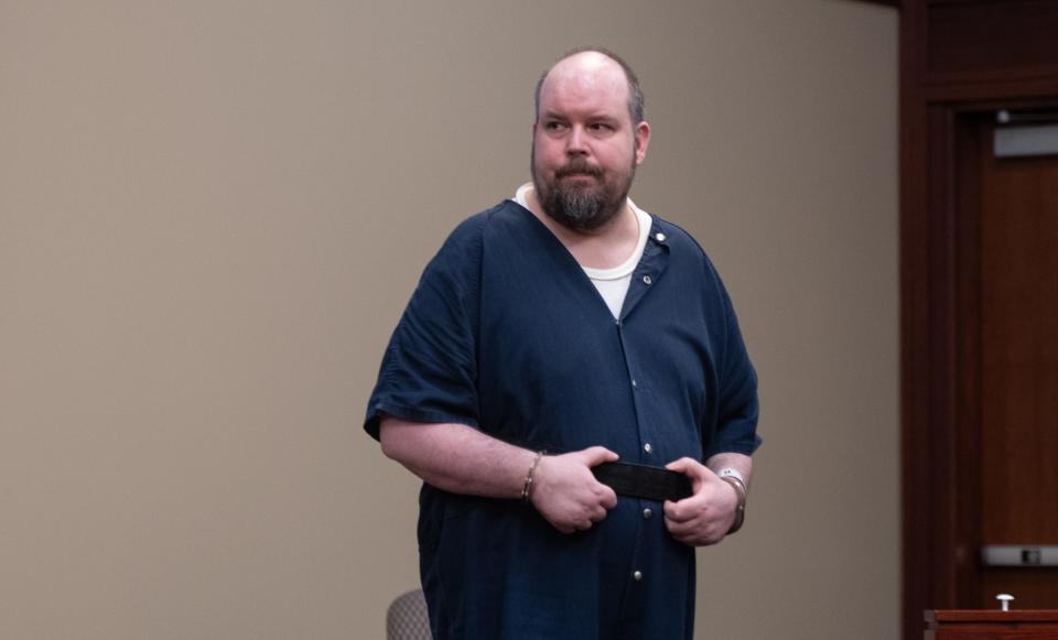 Cory Dean Coddington, 43, enters Circuit Judge James Jamo's courtroom for sentencing on Wednesday, Feb. 14, 2024. He was convicted of murdering Mason resident Melissa Murray, 33, in Lansing and burning and burying her remains in Isabella County.