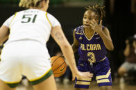 Alcorn State guard Nia McCalphia (3) calls a play while Baylor forward Caitlin Bickle (51) defends in the second half of an NCAA college basketball game against Baylor in Waco, Texas, Wednesday, Dec. 8, 2021. Baylor beat Alcorn State 94-40. (AP Photo/Emil Lippe)