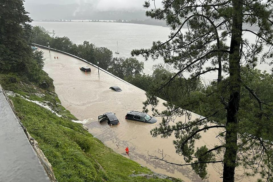 Cars were stranded in floodwater on the campus of the United States Military Academy at West Point, N.Y., on July 10, 2023. <a href="https://newsroom.ap.org/detail/NortheastFlooding/e39624eb3cca4e1d849e0b74679ca4c6/photo" rel="nofollow noopener" target="_blank" data-ylk="slk:U.S. Military Academy via AP;elm:context_link;itc:0;sec:content-canvas" class="link ">U.S. Military Academy via AP</a>