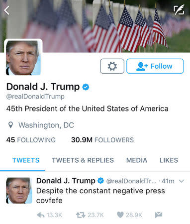 A late night Tweet is seen from the personal Twitter account of U.S. President Donald Trump May 31, 2017. The Tweet reads, "Despite the constant negative press covfefe". Donald Trump/Twitter/Handout via REUTERS