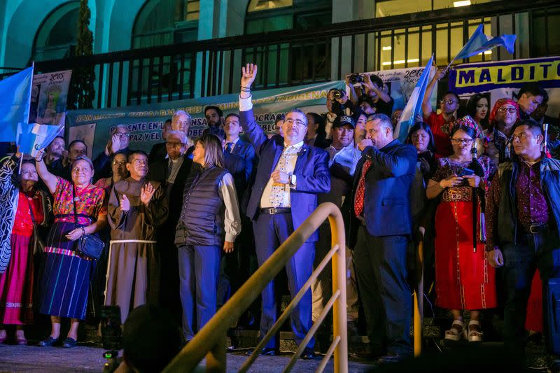 FILE PHOTO: Guatemalan President-elect Arevalo attends a protest outside the Supreme Court of Justice, in Guatemala City