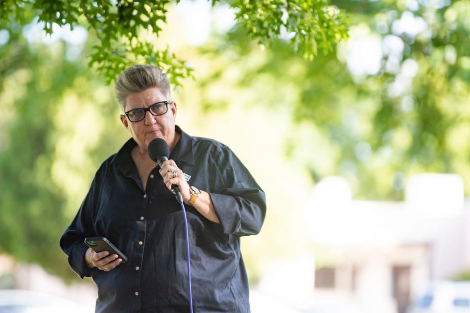 New Mexico Sen. Carrie Hamblen, D-Las Cruces, speaks to demonstrators during the Bans Off Las Cruces abortion rights demonstration on Friday, June 24, 2022. Earlier that morning, the Supreme Court rescinded Roe v. Wade.