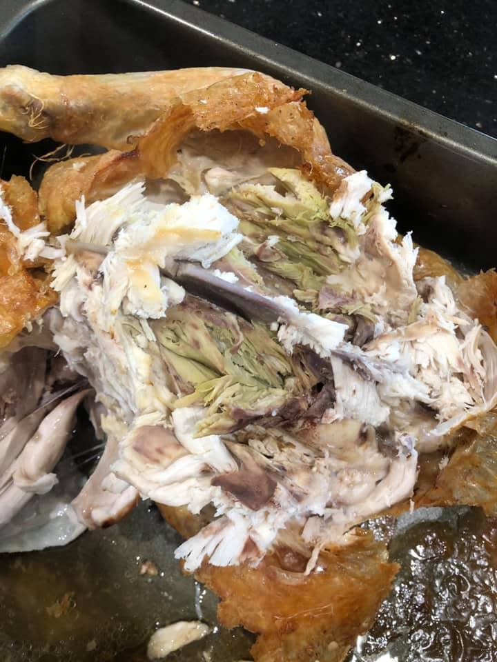 The inside of the chicken can be seen as a strange green colour.