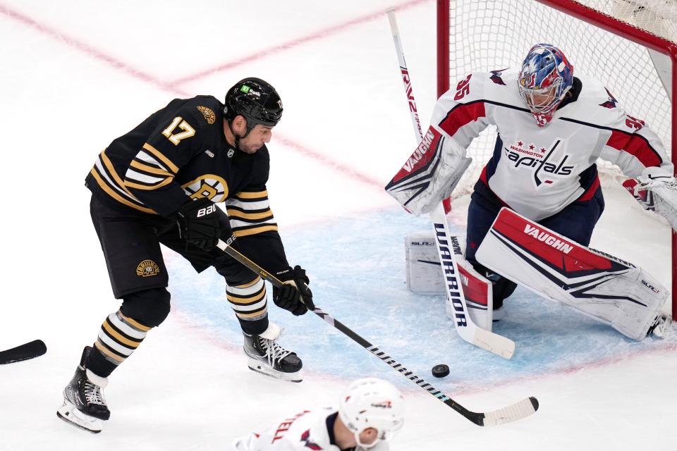 Boston Bruins left wing Milan Lucic (17) takes a shot on Washington Capitals goaltender Darcy Kuemper (35) during the first period of a preseason NHL hockey game Tuesday, Oct. 3, 2023, in Boston. (AP Photo/Charles Krupa)