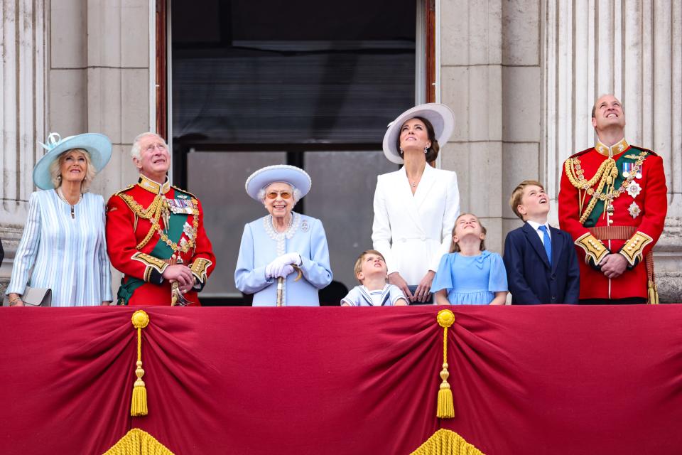 The royal family on the balcony at Buckingham Palace watching the RAF flypast.