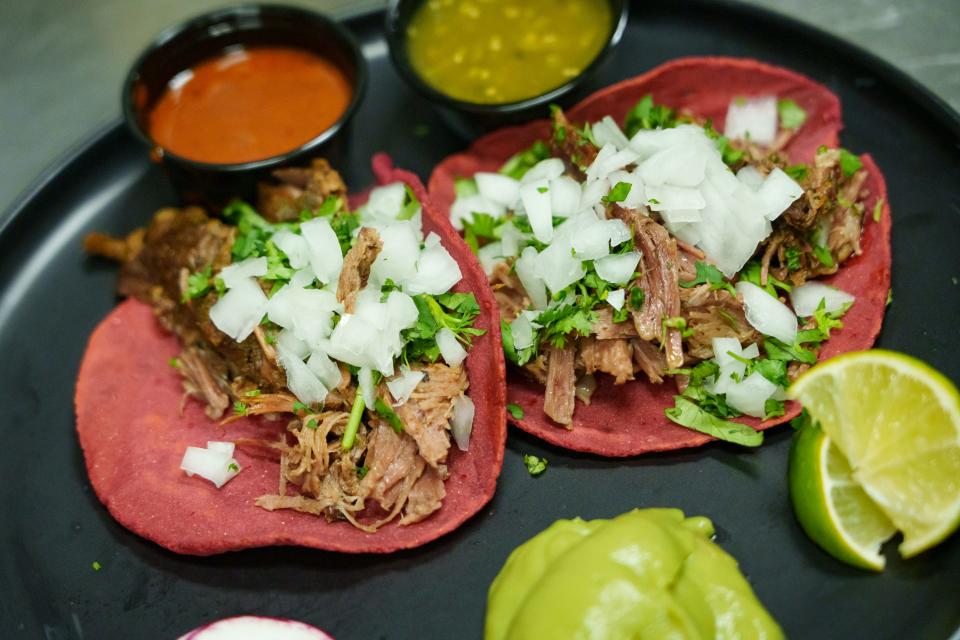 Pink tacos prepared by Jobot Coffee & Bar's resident chef Emilene Carrillo, of Baja Roots food truck, photographed on Aug. 4, 2023, in Phoenix.