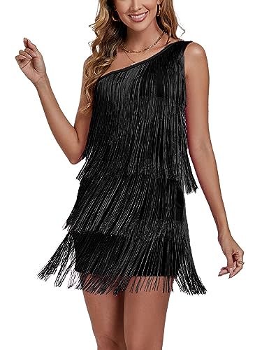 OPOIPIN Women's Sexy One Shoulder Tiered Layer Fringe Sleeveless Party Club Bodycon Mini Dress Black Medium