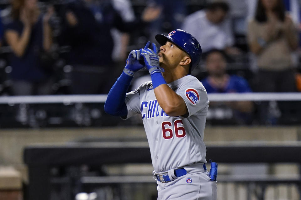 Chicago Cubs' Rafael Ortega celebrates his two-run home run during the ninth inning of the team's baseball game against the New York Mets on Wednesday, June 16, 2021, in New York. (AP Photo/Frank Franklin II)