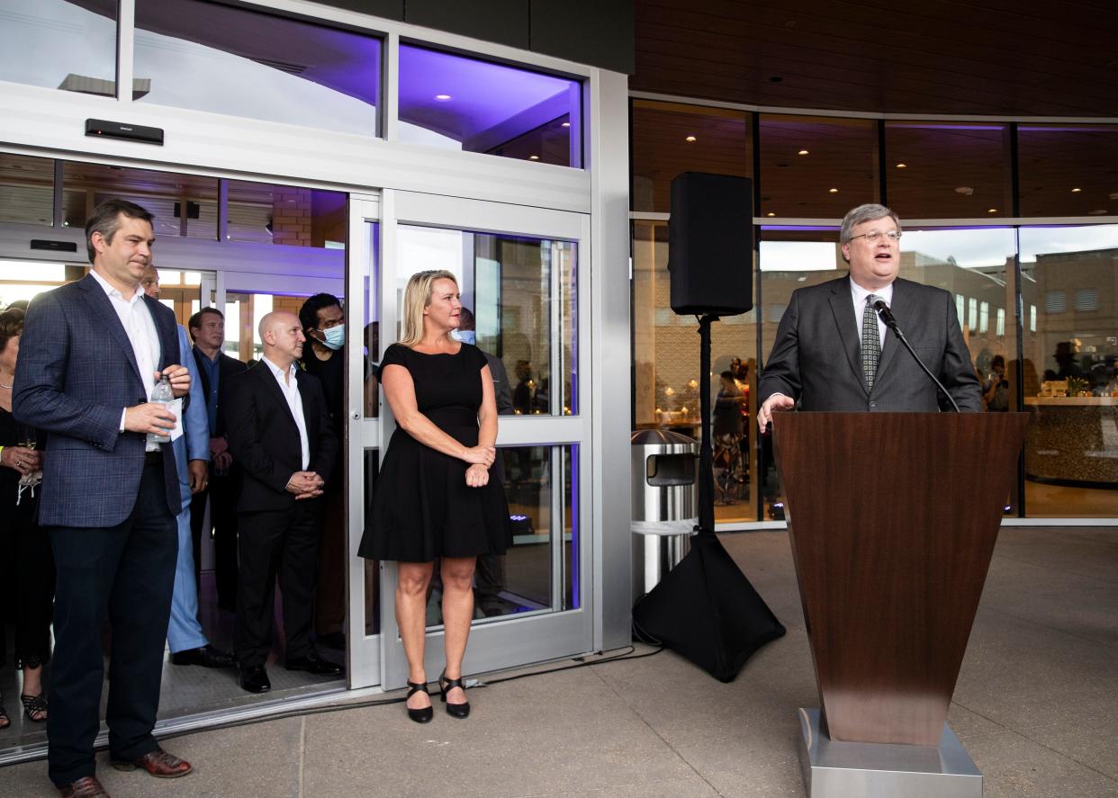 Memphis Mayor Jim Strickland speaks at the grand opening for the Hyatt Centric hotel at One Beale Street on Thursday April 29, 2021.