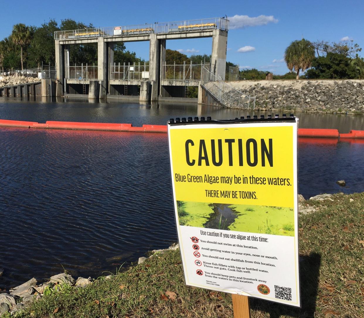 Signs posted at the spillway between Lake Worth and West Palm Beach in October 2021 warn of blue-green algae that was found in water being discharged into the Lake Worth Lagoon.