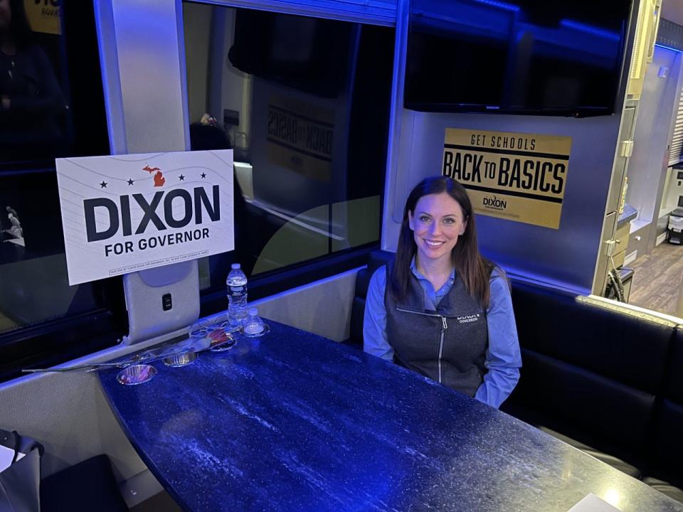 Tudor Dixon, the Republican candidate for governor of Michigan, on her campaign bus.