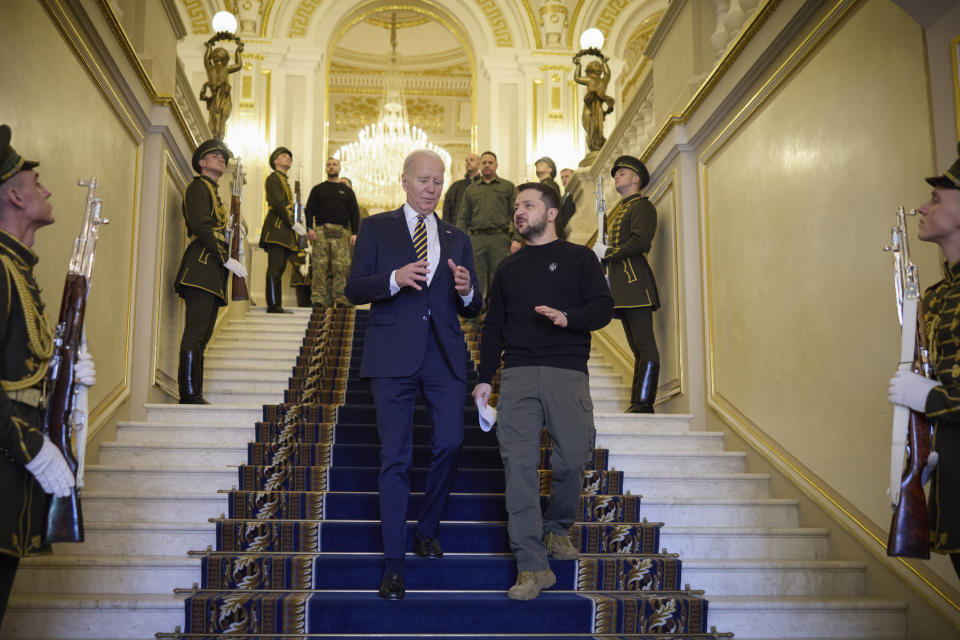 President Joe Biden, centre left, meets with Ukrainian President Volodymyr Zelenskyy at Mariinsky Palace during an unannounced visit in Kyiv, Ukraine, Monday, Feb. 20, 2023. (Ukrainian Presidential Press Office via AP)