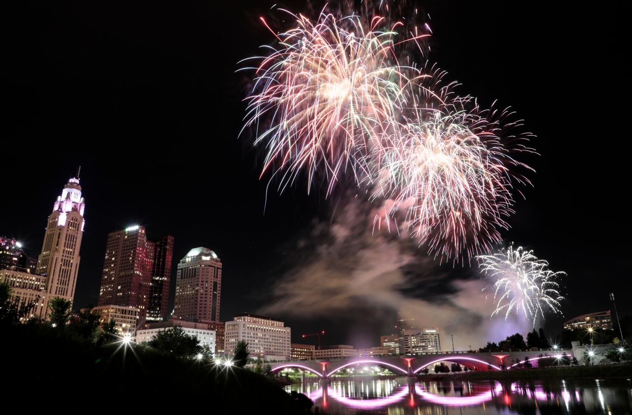 Fireworks explode over the Columbus skyline during Red, White & Boom in 2018.