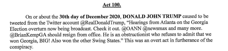 Tweet from @realDonaldTrump mentioned in the Georgia indictment