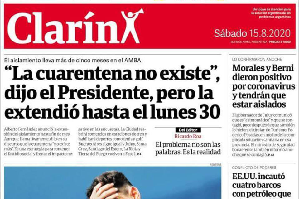 Portada del diario Clarín del 15 de agosto de 2020