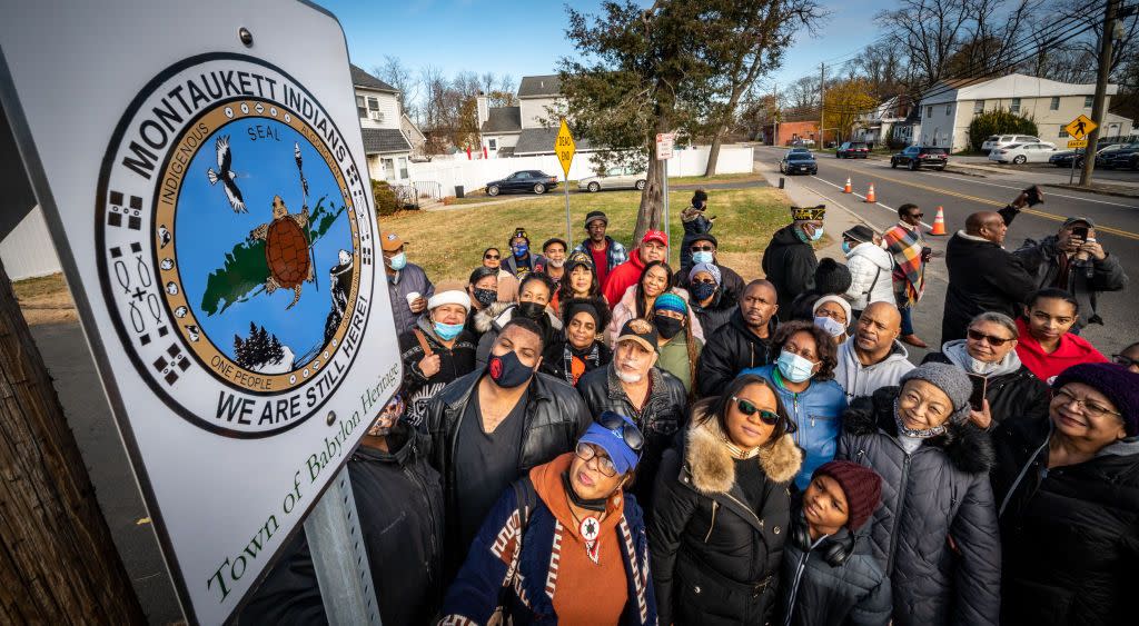 montaukett indian nation descendants look at heritage designation marker