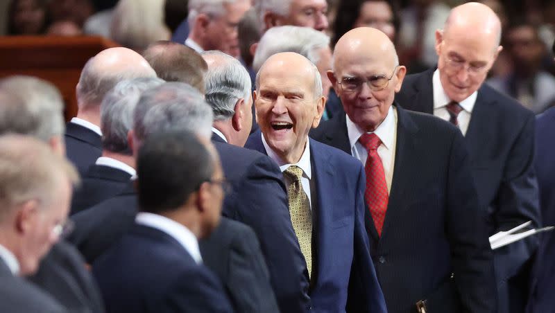 President Russell M. Nelson of The Church of Jesus Christ of Latter-day Saints smiles upon greeting fellow leaders before the Sunday afternoon session of the 193rd Annual General Conference of The Church of Jesus Christ of Latter-day Saints in Salt Lake City on Sunday, April 2, 2023. President Nelson once again announced new temples.