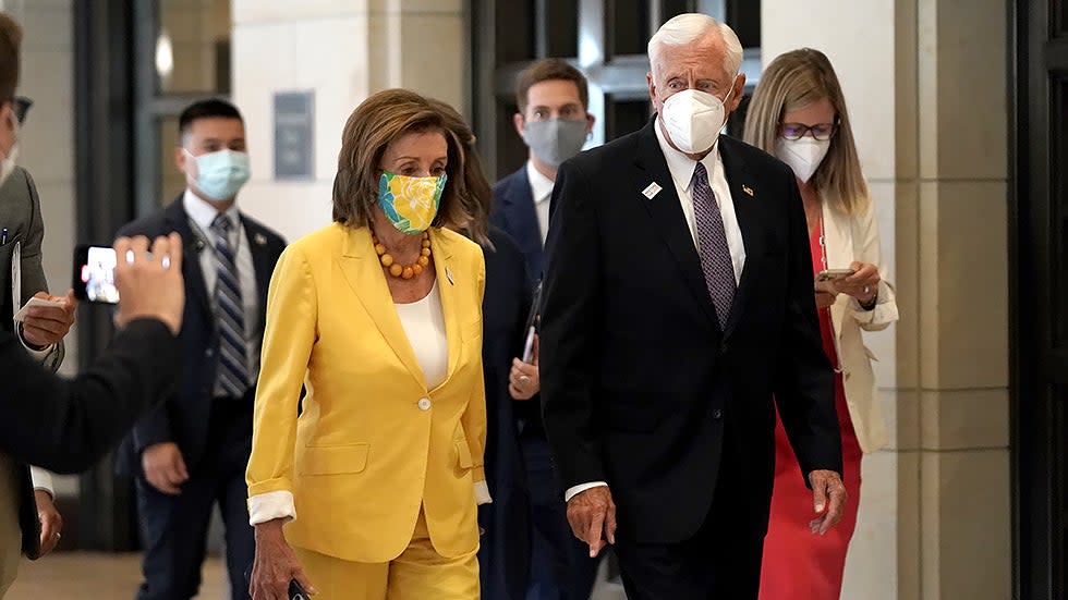 Speaker Nancy Pelosi (D-Calif.) and House Majority Leader Steny Hoyer (D-Md.) leave a closed-door briefing with administration officials regarding the situation in Afghanistan and the evacuation effort on Tuesday, August 24, 2021.
