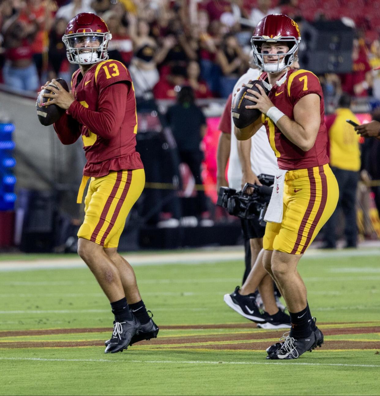 Caleb Williams, left, and Miller Moss before a game against Arizona last season.