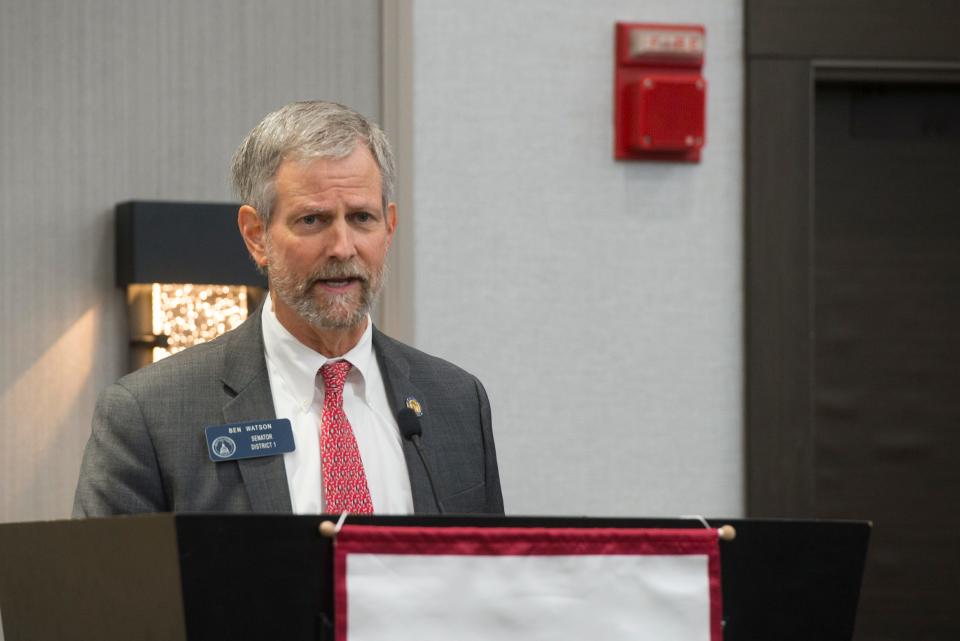 Republican State Sen. Ben Watson, sporting his "no-shave November" beard, speaks to those who attended the 2021 Eggs and Issues meeting, a primer on the legislative priorities of Chatham County's state representatives.