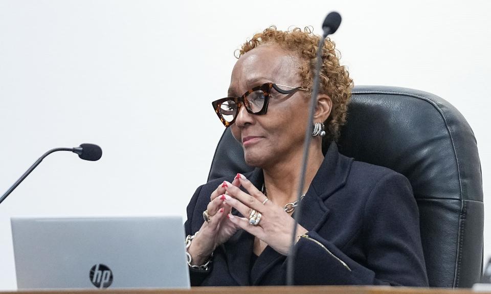 The Indianapolis Public Schools Board president Venita Moore listens to public comments Thursday, Jan. 19, 2023 at the Board Room of the John Morton-Finney Center for Educational Services in Indianapolis. 