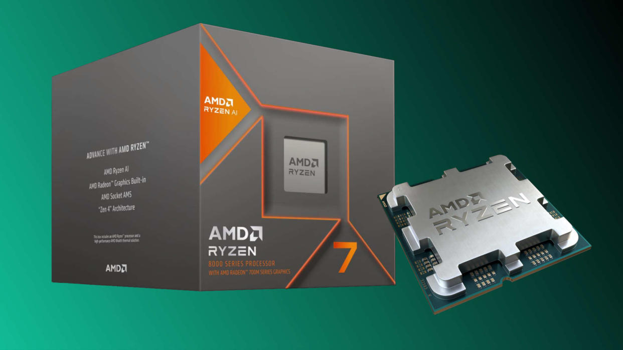  Promotional image of the retail packaging for the Rzyen 7 8700G APU next to a generic Ryzen CPU image, against a colored background. 